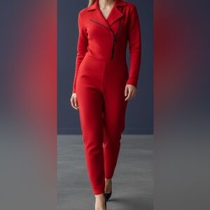 Vintage Tadashi Red jumpsuit, diagonal zip front